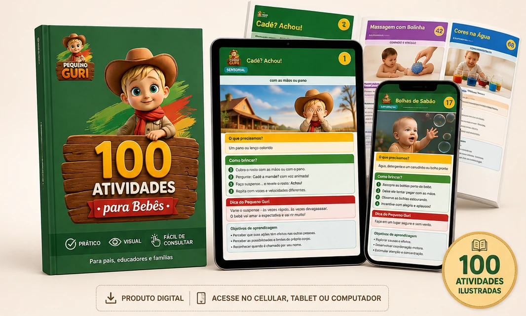 Ebook Pequeno Guri apresentado em livro, tablet e celular com páginas ilustradas